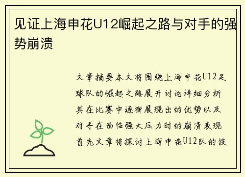 见证上海申花U12崛起之路与对手的强势崩溃