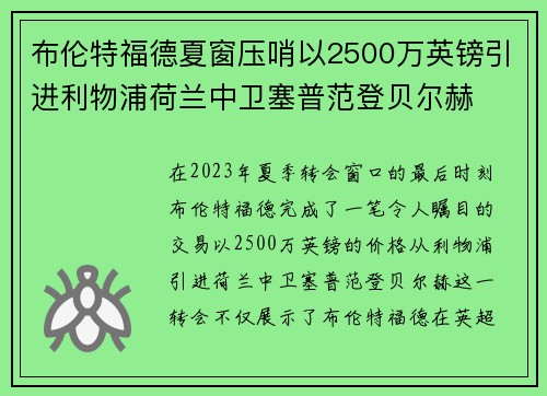 布伦特福德夏窗压哨以2500万英镑引进利物浦荷兰中卫塞普范登贝尔赫