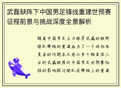 武磊缺阵下中国男足锋线重建世预赛征程前景与挑战深度全景解析