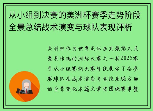 从小组到决赛的美洲杯赛季走势阶段全景总结战术演变与球队表现评析