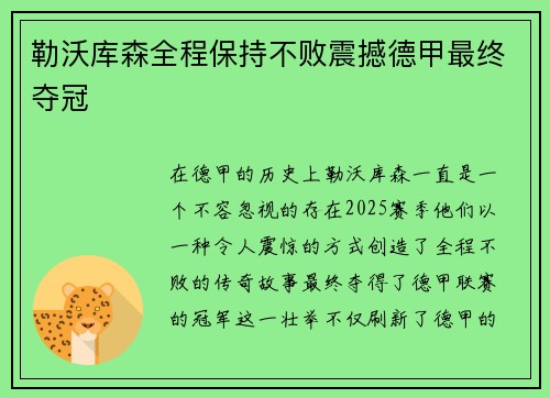 勒沃库森全程保持不败震撼德甲最终夺冠