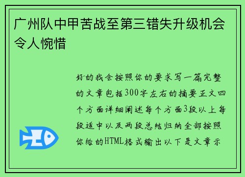 广州队中甲苦战至第三错失升级机会令人惋惜